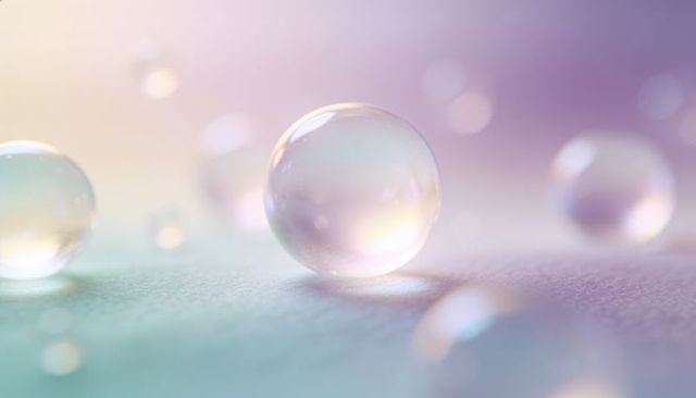 Opalescent glass spheres on pastel textured surface with soft bokeh and iridescent glow