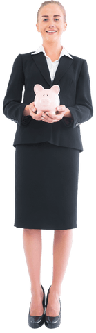 Transparent Blonde Businesswoman Holding Pink Piggy Bank Smiling Confident