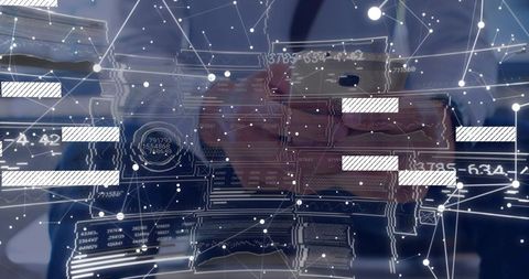 Businessman holding smartphone behind glass with holographic network data overlay and circuitry