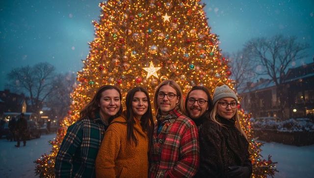Friends in Festive Winter Wear in Front of Decorated Christmas Tree