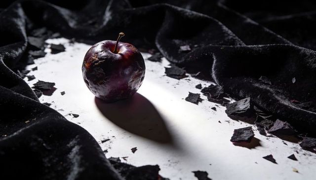 Sitting glossy purple plum on white panel with black velvet and dramatic shadow