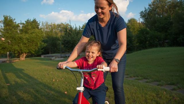 Mother guiding daughter learning to ride bike in park at golden hour