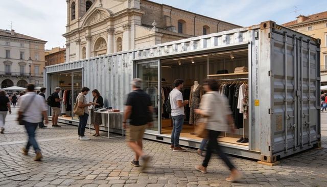 Pop-up fashion container attracting shoppers on cobblestone plaza with church facade
