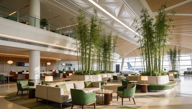 Modern airport lounge featuring bamboo planters, beige seating cluster, natural light, modern design