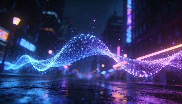 Gliding neon particle ribbon over wet downtown street at night with cyberpunk glow