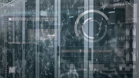 Futuristic Data Processing Interface Over Server Room