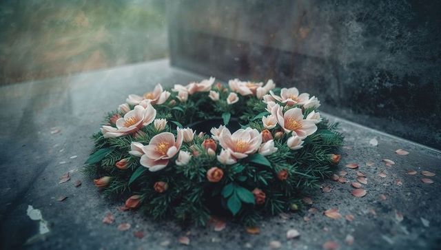 Flower wreath on stone memorial with pink blooms