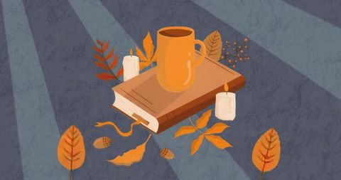 Cozy autumn still life with book, mug, and leaves