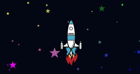 Cartoon Rocket Icon Navigating Colorful Starry Night Sky