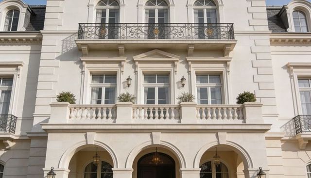 Neoclassical mansion facade featuring three arched entrances, balcony and ornate ironwork