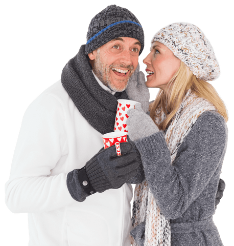 Happy middle-aged couple gossiping in winter attire on transparent background