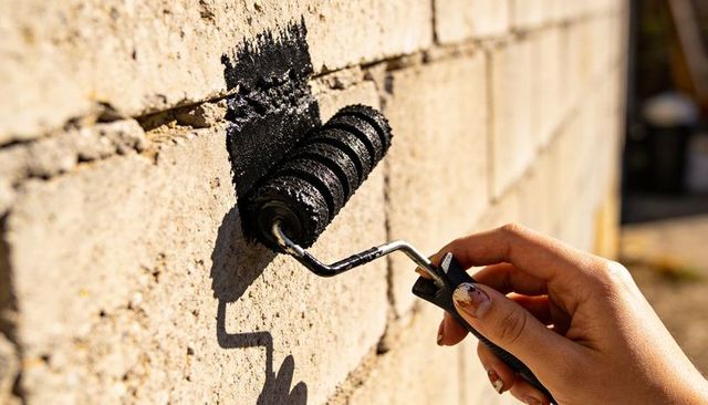 Applying black waterproofing coating on cinder block wall with paint roller