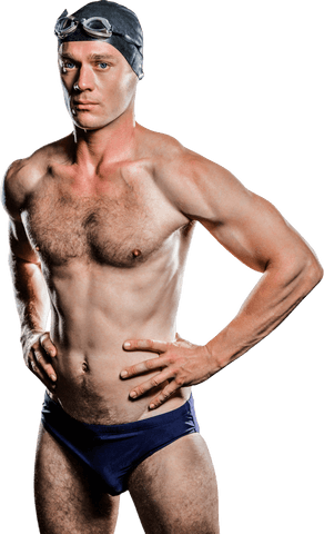 Transparent Portrait of Male Swimmer Standing Confidently with Hand on Hip