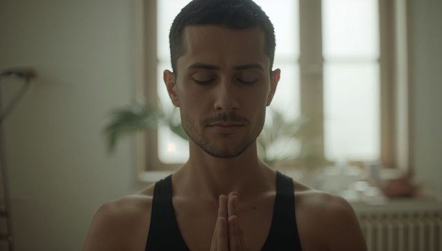 Young man practicing mindfulness meditation at home with hands in prayer pose