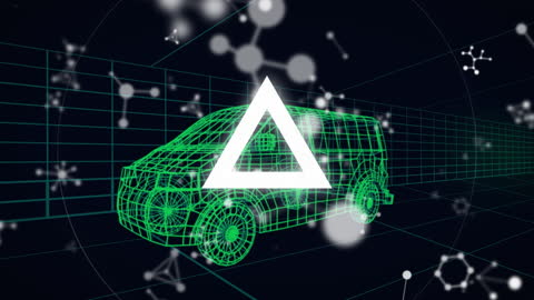 Futuristic Vehicle with Digital Grid and Geometric Symbols