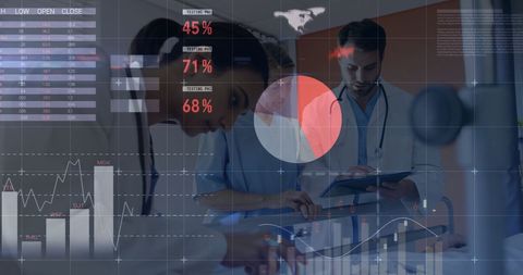 Financial Graphs Overlay Diverse Doctors Working in Hospital - Download Free Stock Images Pikwizard.com