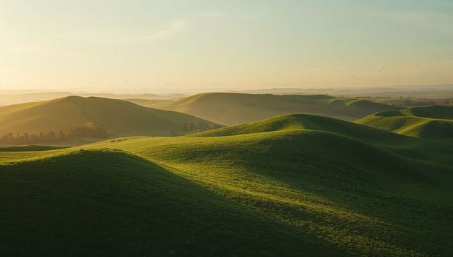Tranquil Sunset Over Rolling Green Hills