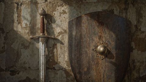 Medieval broadsword and shield against rustic wall