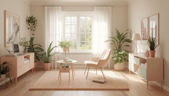 Sunlit pastel living room with upholstered lounge chair, round coffee table and lush plants