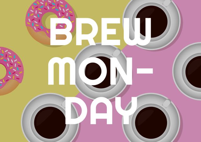 Illustration of brew monday text with coffee and donuts over two-tone background. brew monday, communication, food, drink, backgrounds and vector concept.