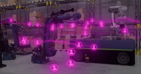 Warehouse automation showing robotic arms and agv connecting via magenta network overlay