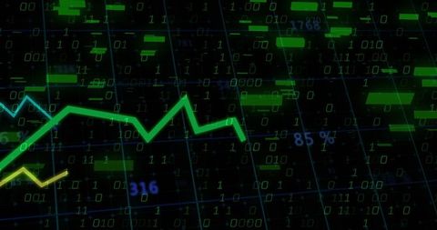 Jagged neon green trend line over binary grid showing 85 percent analytics and data stream