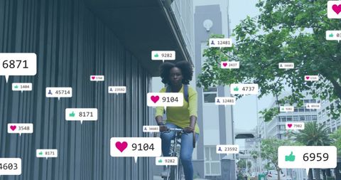 Social Media Overlays with Woman Riding Bike in Modern Cityscape