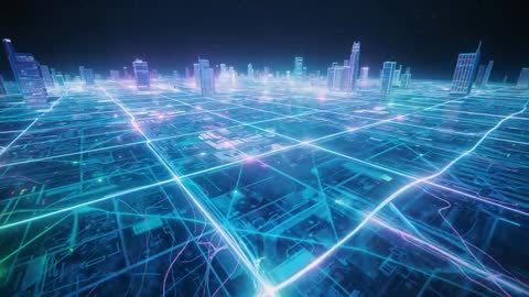 Cyberpunk Futuristic City with Neon Grid Network