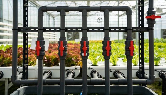 Hydroponic pvc manifold with red valves supplying nft lettuce channels in glasshouse