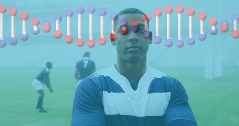 Digital DNA Illumination Over Rugby Players on Field Open Arms