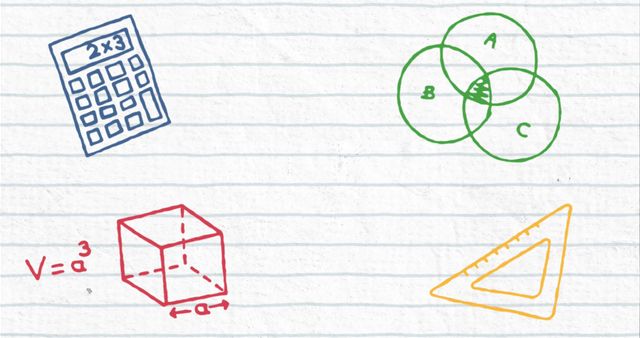 Doodles showing calculator, Venn diagram, 3D cube, and ruler. Perfect for educational materials, math websites, classroom posters, and online math tutoring resources.
