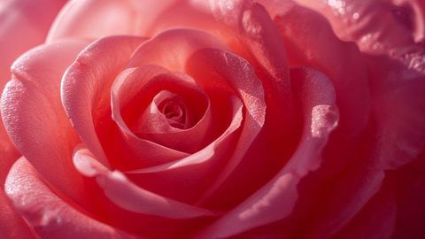 Stunning macro pink rose with dewy petals in full bloom