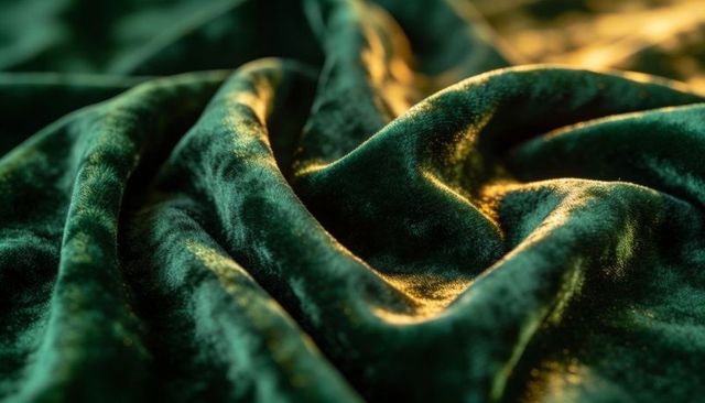 Emerald velvet fabric catching warm light, plush folds and rich texture closeup