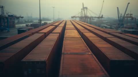 Push-In Tracking Shot Over Rusty Cargo Containers Leading to Port Cranes at Sunrise