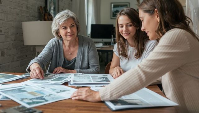 Multigenerational women collaborating on magazine layouts at home workspace planning print design