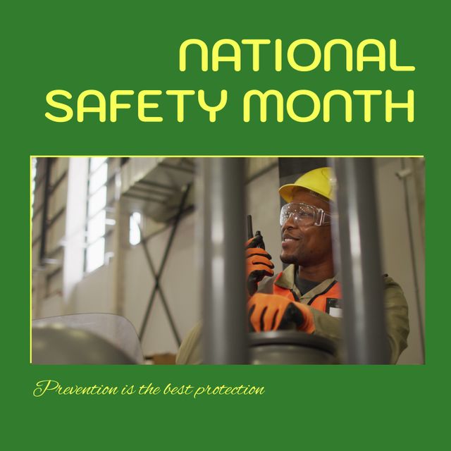 National Safety Month Promotion with African American Worker Using Walkie Talkie - Download Free Stock Templates Pikwizard.com