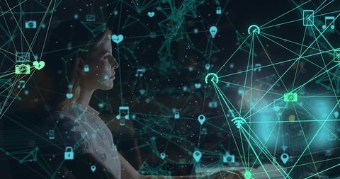 Businesswoman Engaging with Futuristic Digital Interface Network - Download Free Stock Images Pikwizard.com