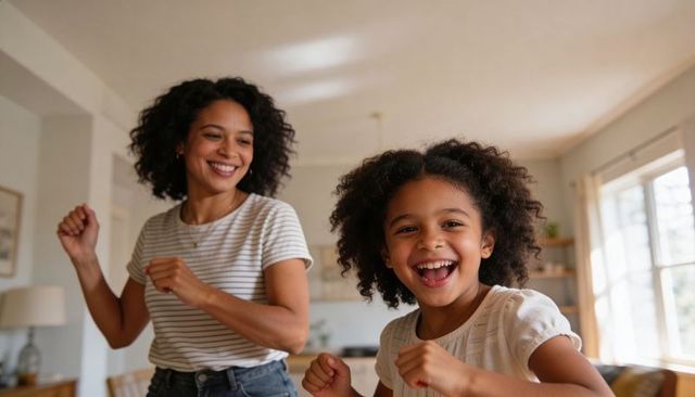 Smiling mother and daughter dancing in sunlit living room, playful family lifestyle moment