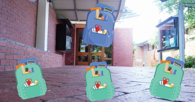 Colorful School Backpacks with Supplies Outside Building - Download Free Stock Images Pikwizard.com