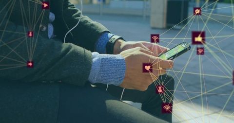 Commuter tapping smartphone bench with digital network icons showing mobile connectivity