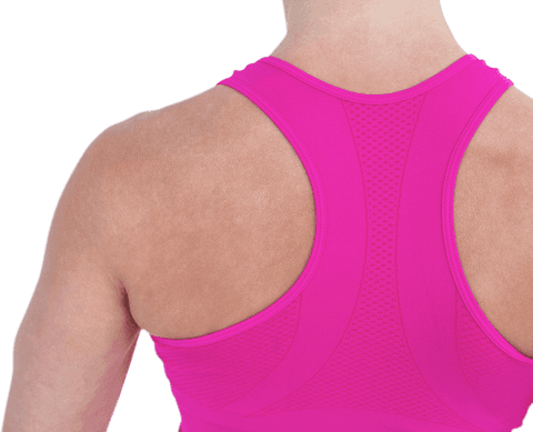 Transparent back view of muscular woman in pink athletic wear