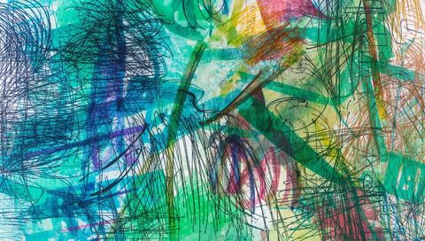 Vibrant abstract painting with pen scribbles and watercolor layers
