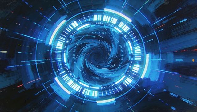 Neon Blue Data Vortex with Ringed HUD Portal and Spiral Core for Futuristic Tech Visuals