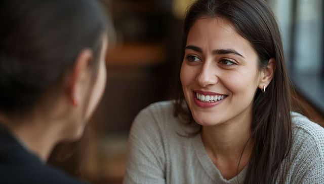 Smiling young woman chatting with friend in cozy cafe, candid close-up portrait