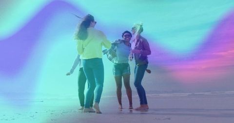 Friends Dancing Joyfully at Sunset Beach with Colorful Overlays