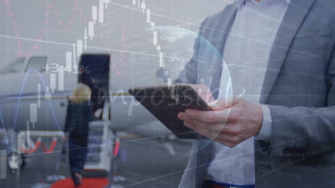Businessman Analyzing Data with Tablet and Global Overlay