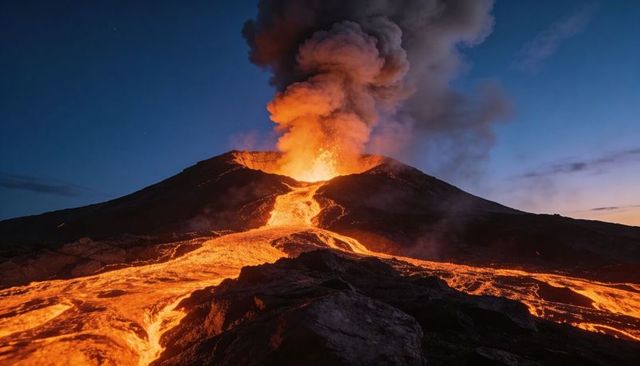 Volcano erupting at dusk with lava flow and ash plume illuminating twilight sky and glowing fragment