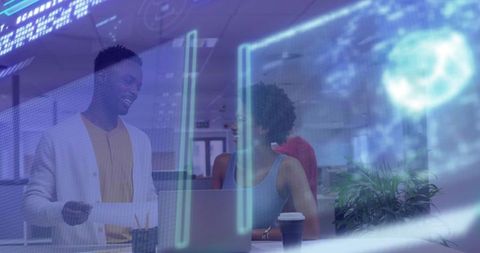 Coworkers in Modern Office Analyzing Holographic Digital Interface