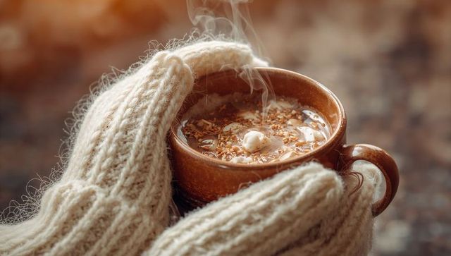 Cradling steaming hot cocoa in cream cable knit mittens on rustic porch