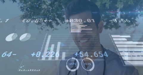 Businessman with Financial Data and Graphics Overlay